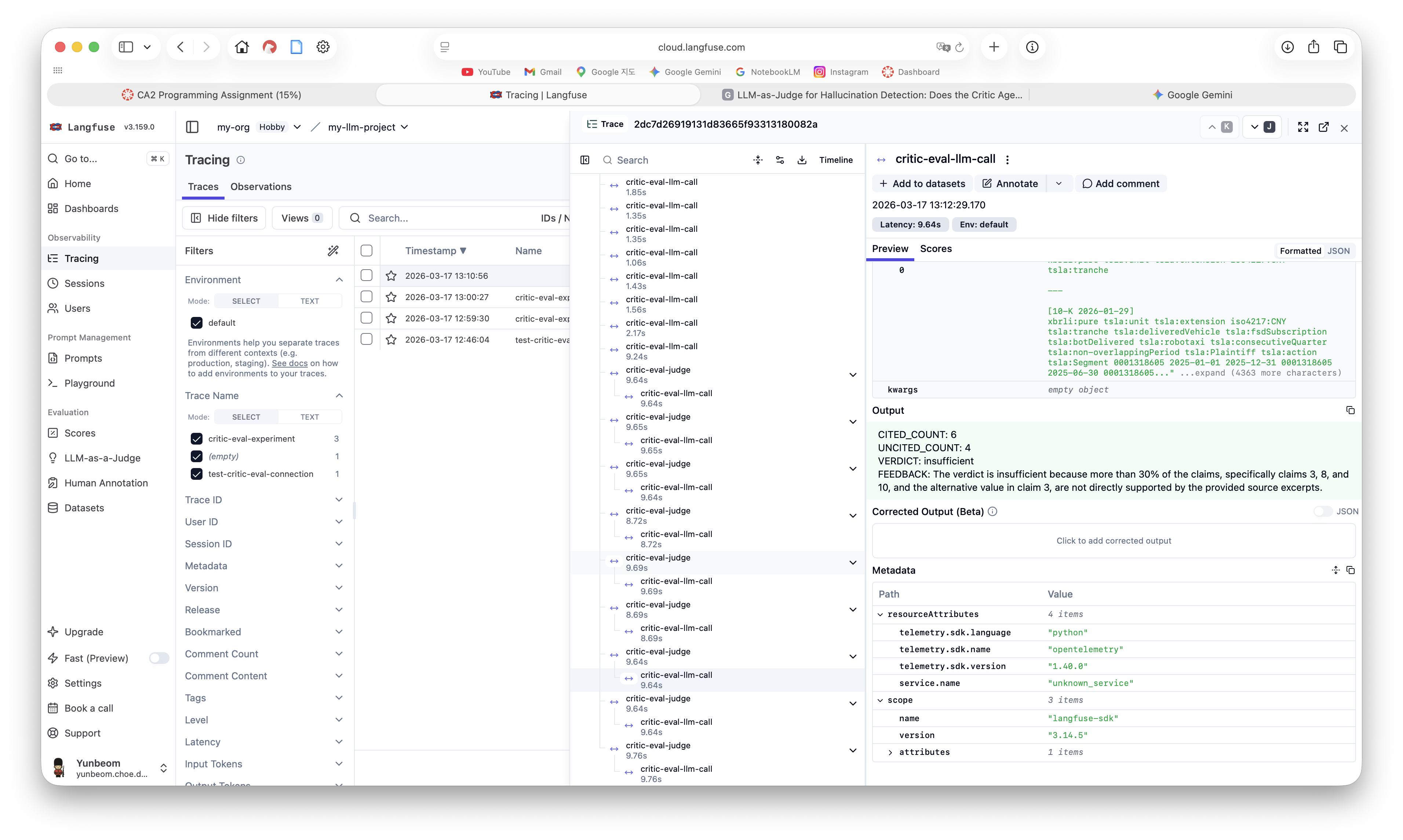 Langfuse trace showing critic-eval-llm-call output with verdict: insufficient