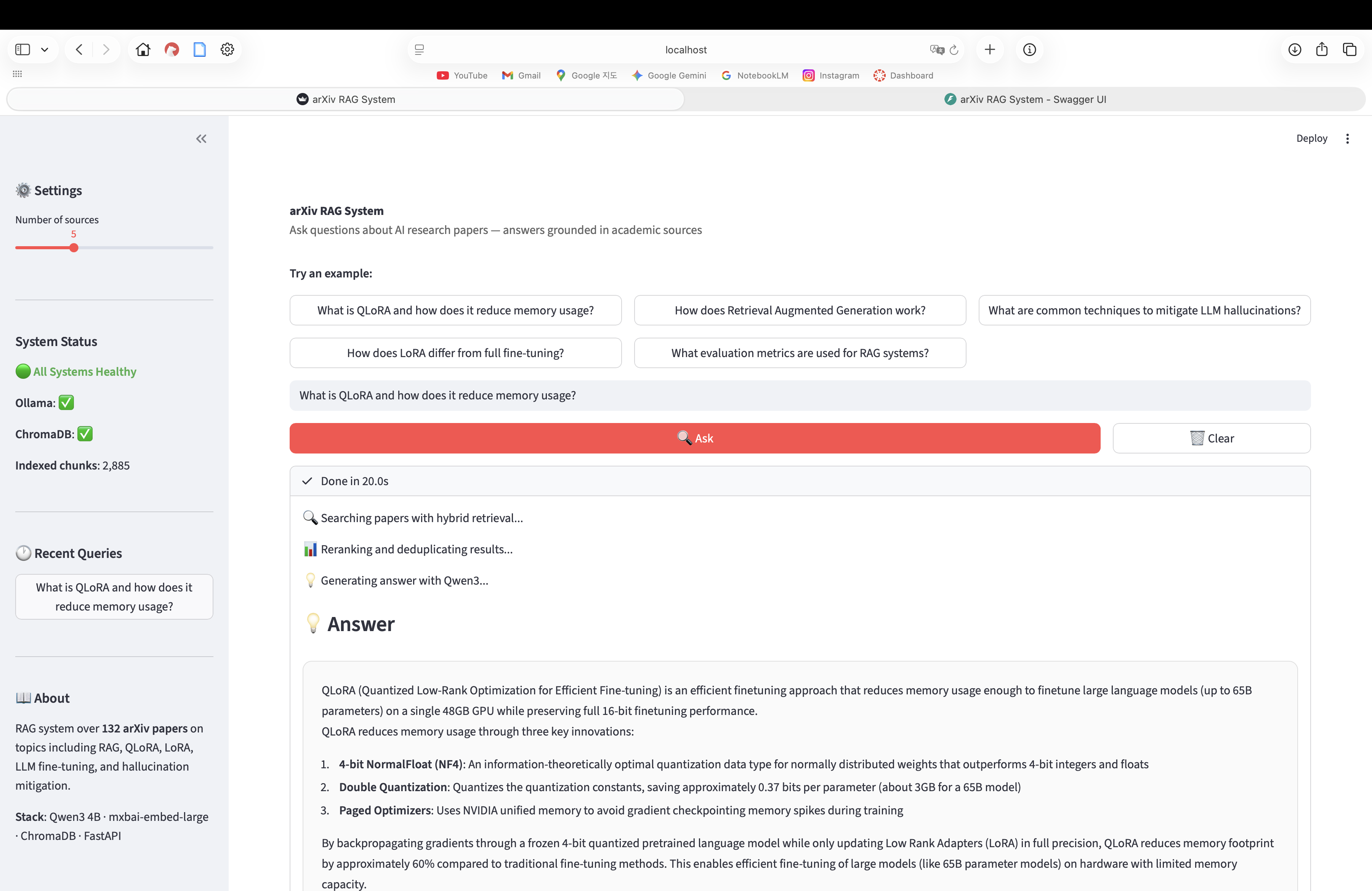 Streamlit UI - interactive Q&A interface with source cards and latency breakdown