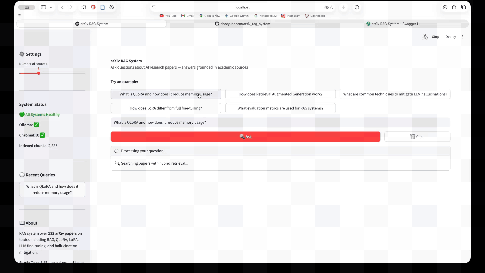 Query → answer flow with source citations and latency breakdown